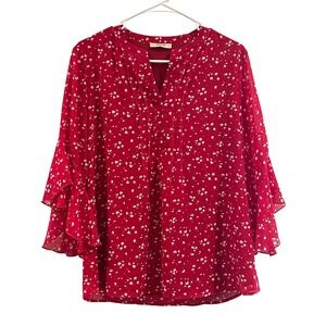 00106 - Timeson red white v neck‎ blouse women's M flutter 3/4 sleeve